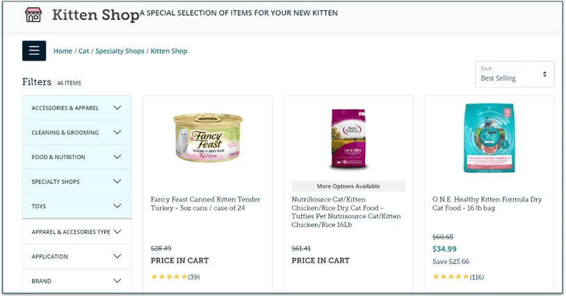 Screenshot of the PetCareRx kitten shop