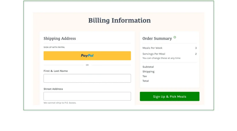 Screenshot of the billing page, which also has a PayPal option.