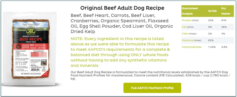 Image showing the Raised Right Beef recipe for adult dogs with ingredient and nutritional info next to it