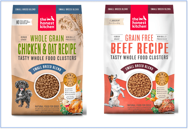 A picture of The Honest Kitchen's Whole Grain Chicken & Oat Recipe and Grain Free Beef Recipe for small breeds