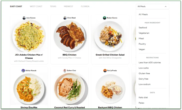 Cook Unity's menu with filter options displayed
