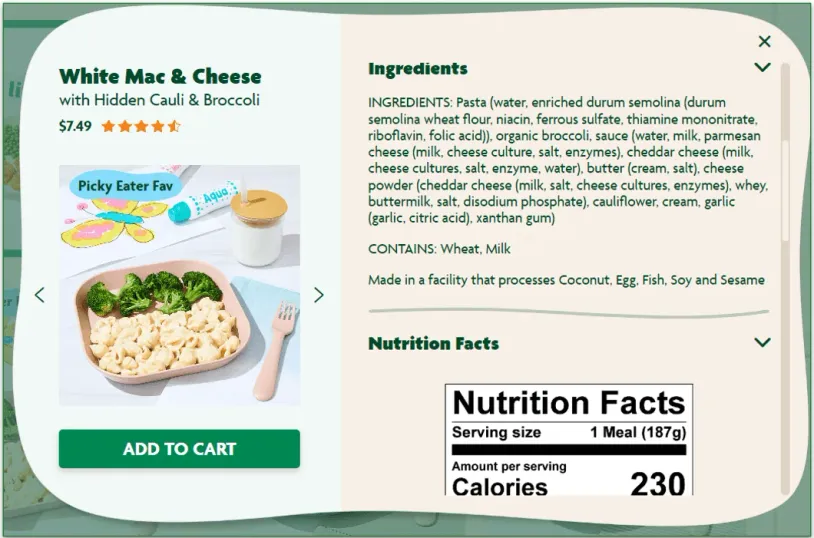 Ingredients list for Nurture Life's White Mac & Cheese dish