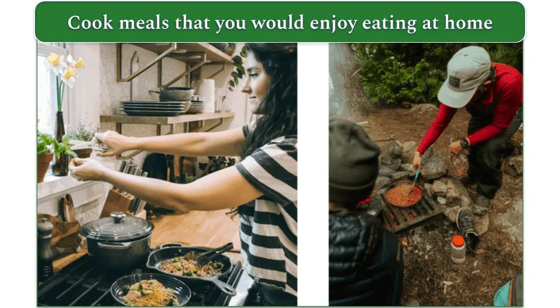 Woman preparing a meal at home on the stove and a person preparing a meal on a campfire outdoors