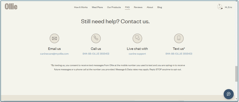 Ollie has multiple options for customer support