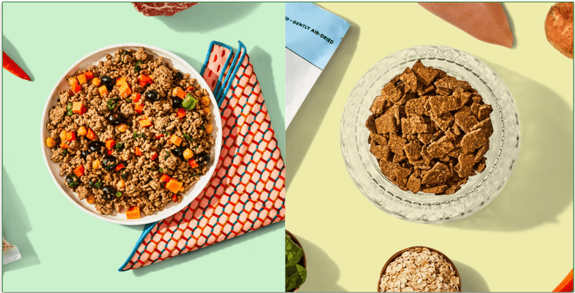 Image of The Pets Table’s Beef Stew with Carrots fresh recipe and the Chicken & Sweet Potato Air Dried recipe