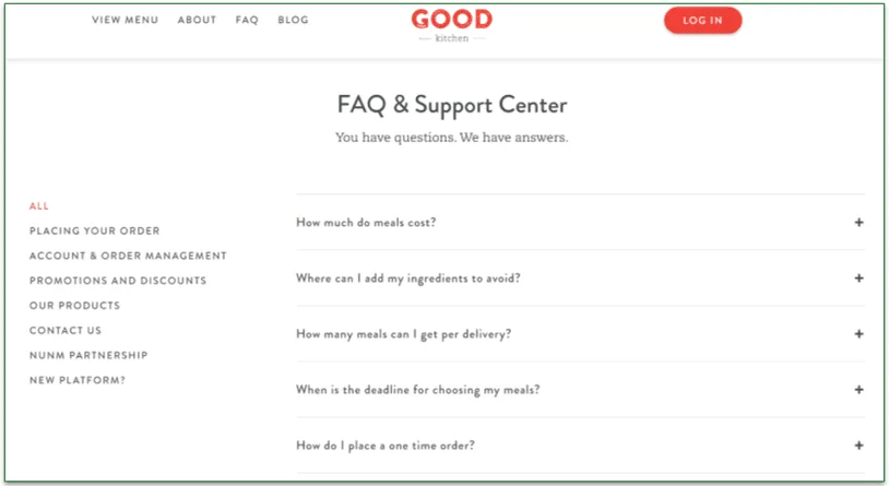 Screenshot of The Good Kitchen's FAQ page