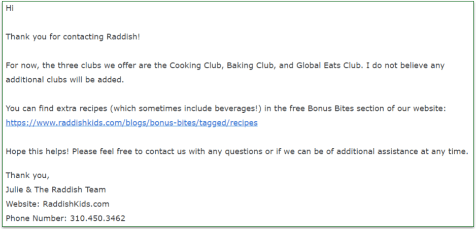 Raddish Kids customer service's response