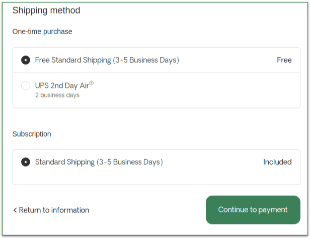 Screenshot of the shipping method screen