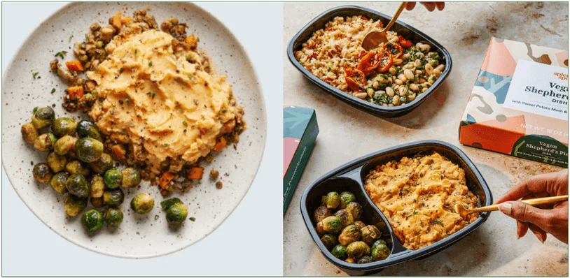 Image of a plated Shepherd's pie and the same meal in a microwaveable tray