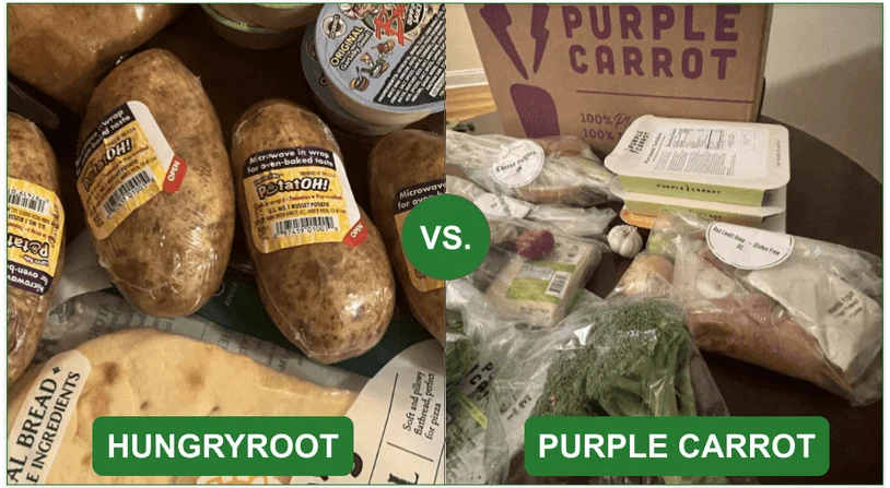 Comparison image of Hungryroot and Purple Carrot's excessive plastic packaging