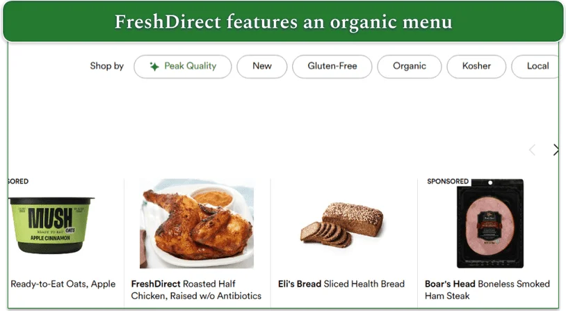 Screenshot of FreshDirect's menu with tabs for Organic, Kosher, Local, and more