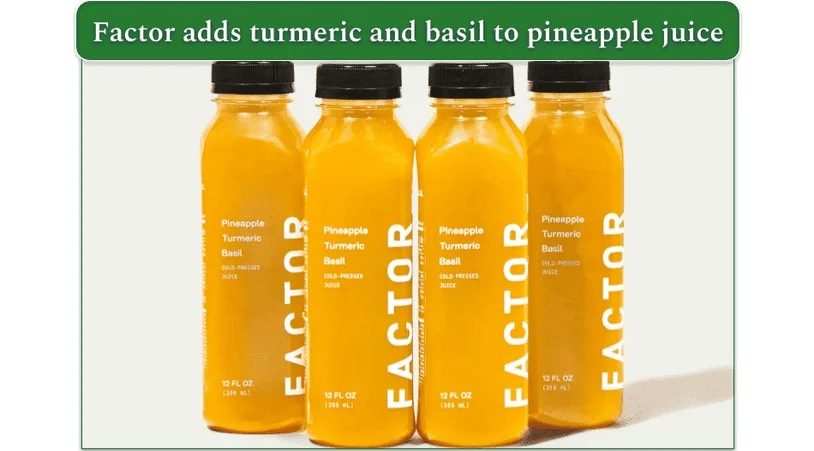 4 bottles of pineapple, turmeric, and basil juice from Factor meal delivery