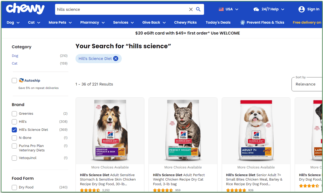 Screenshot of Chewy's website with the search results for Hill's Science Diet