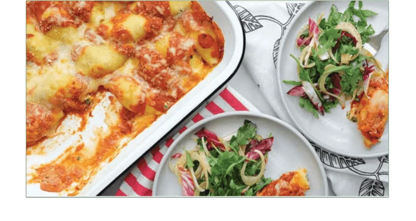 One of the farm-fresh meals from One Potato of Baked Shells with a Spring Salad