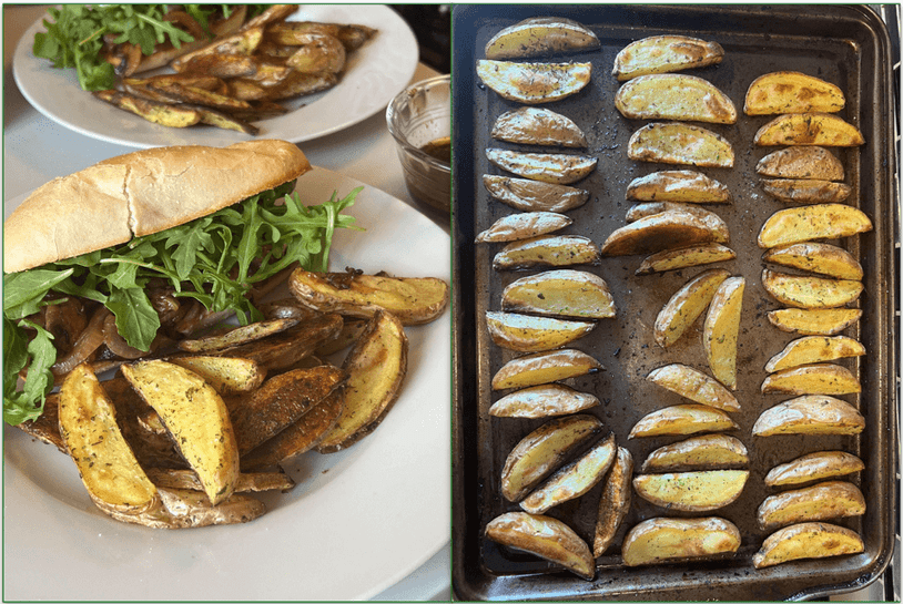 Vegan Mushroom French Dip Sandwiches next to a tray of wedges both prepared by our reviewer