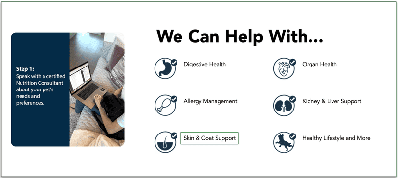 Screengrab of the areas JustFoodForDog’s Nutrition Consultants can help with