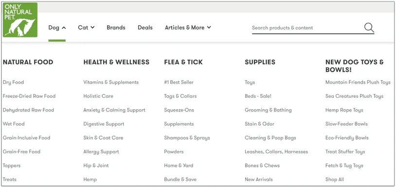 a screenshot of the only natural pet menu