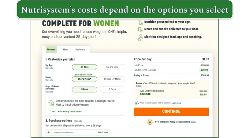 Jenny Craig's 5 different meal plans and pricing options