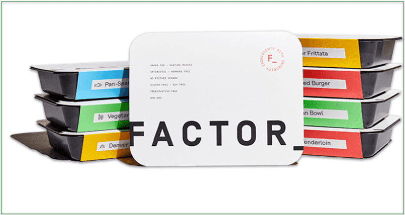 Image of a stack of Factor's prepared meals in color-coded boxes
