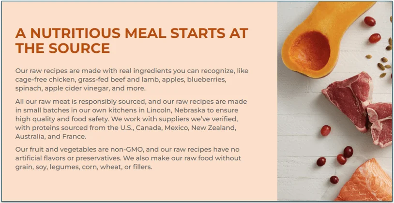 Instinct's information about ingredient sourcing