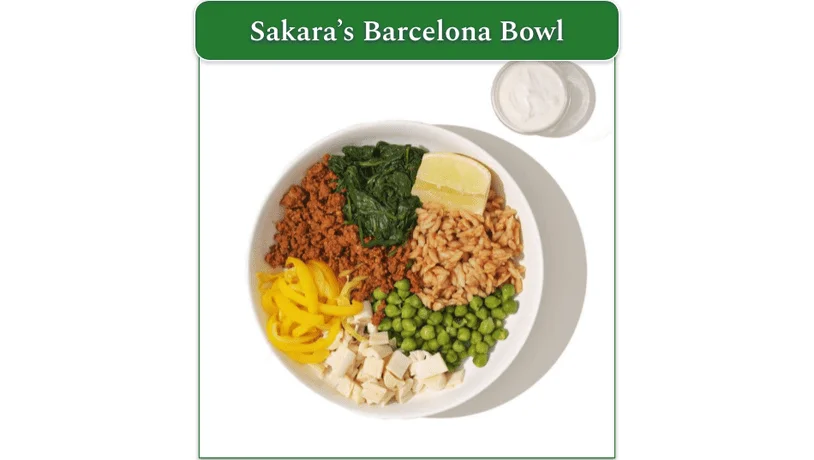 Image of Sakara's Barcelona Bowl recipe aesthetically arranged in a bowl