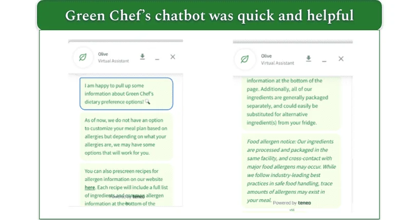 Screenshots of text conversations with Green Chef's customer service department