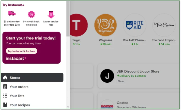 Expanded Instacart side menu partially overlapping the home page