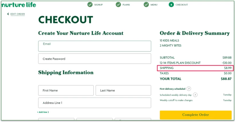 Nurture LIfe's Checkout page