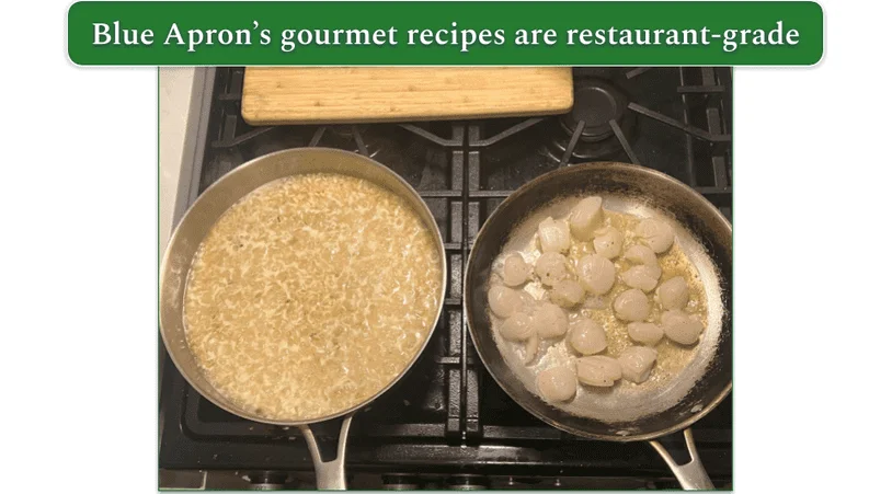 Blue Apron’s Seared Scallops and Garlic Herb Risotto being cooked on the stove