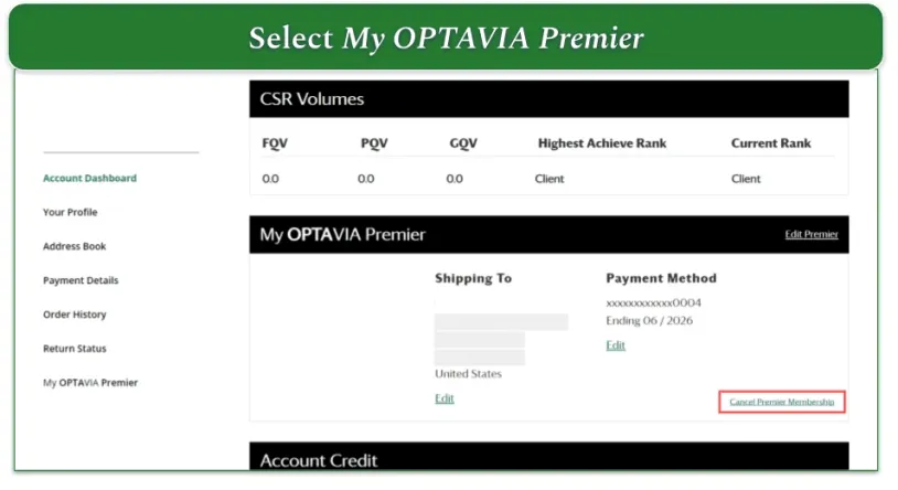 Screenshot from OPTAVIA's Premier account dashboard, with the Cancel Premier Membership link highlighted