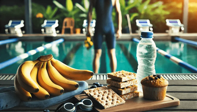 Swimmer standing next to a swimming pool and snacks in the foreground