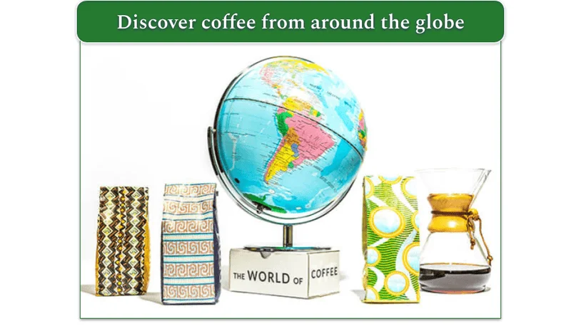 Image of a globe surrounded by bags of coffee and a pot of coffee