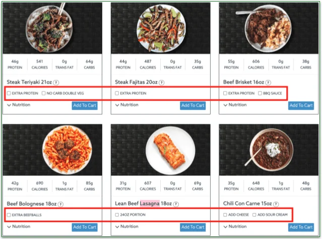 a screenshot of MealPro's customization options