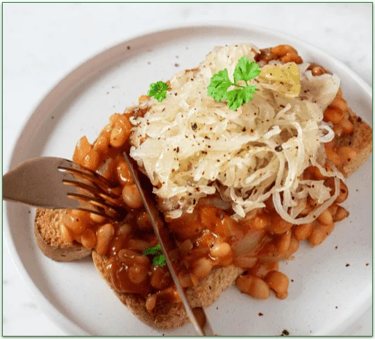 Beans on Toast on a plate, ready to eat