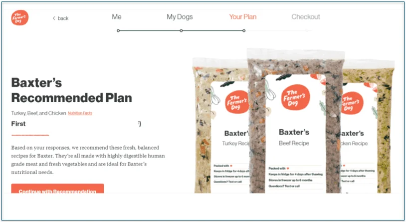 Screenshot of Baxter's recommended plan screen with suggested recipes