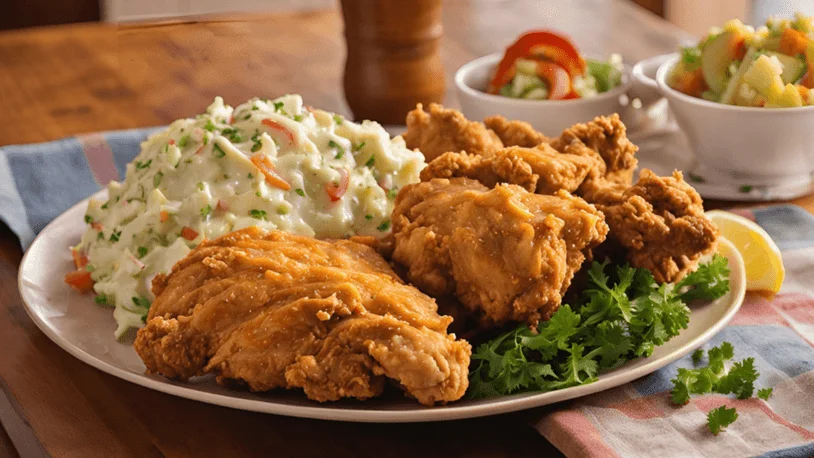 a plate of fried chicken with creamy coleslaw