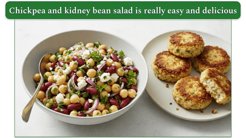 A bowl of chickpea and red kidney bean salad beside a plate of crab cakes.