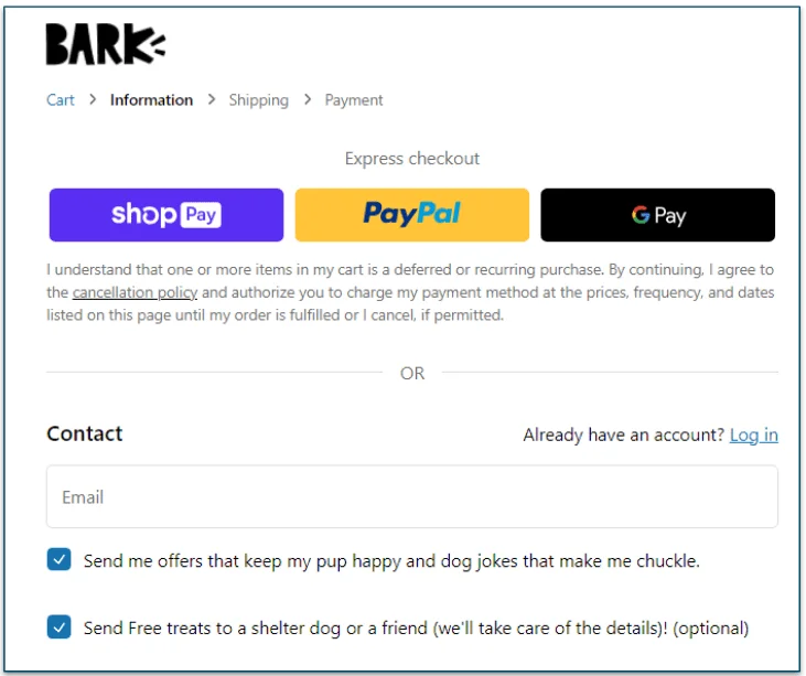 Screenshot of create an account screen on Bark Food