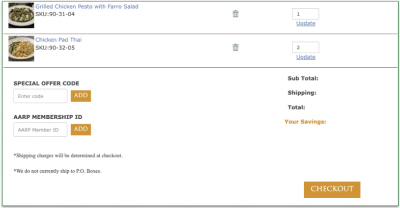 Screenshot of Silver Cuisine's check out button