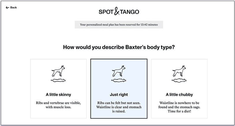 Screenshot of Spot & Tango’s quiz with a question on body type