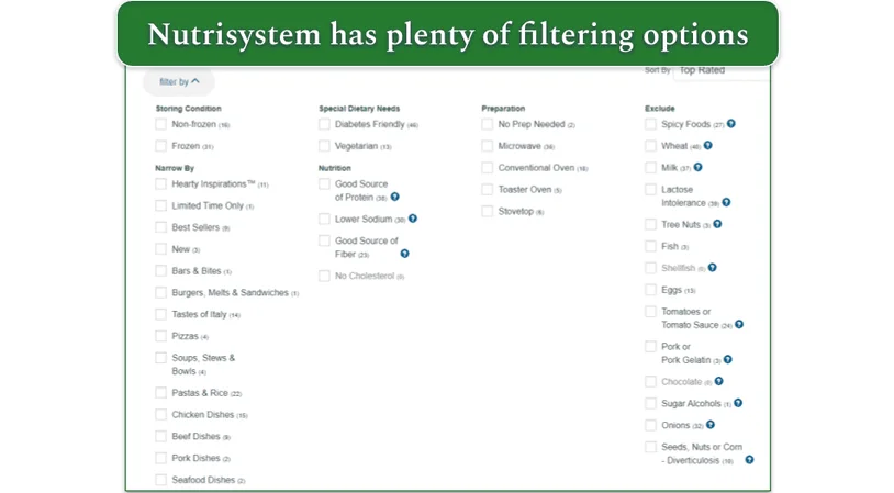 Screenshot of the filters on the Nutrisystem menu
