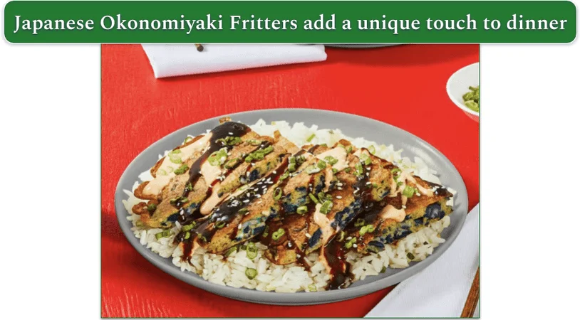 okonomiyaki red cabbage fritters on a plate with rice