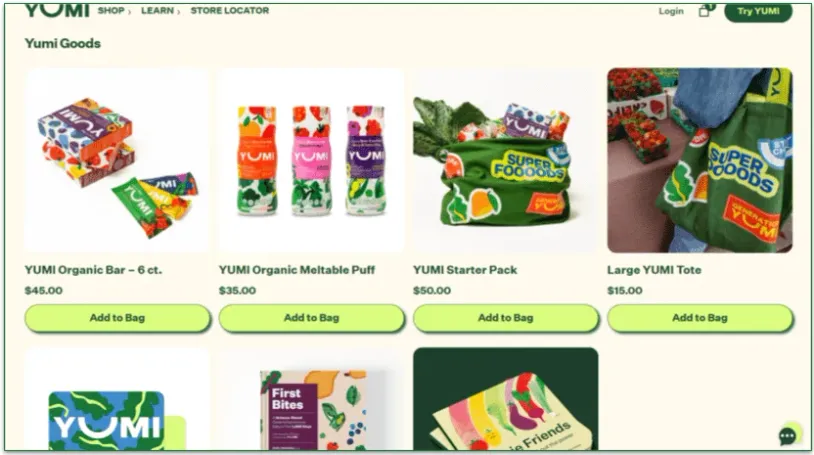 Yumi's shop with prices for items including bars, puffs, and more