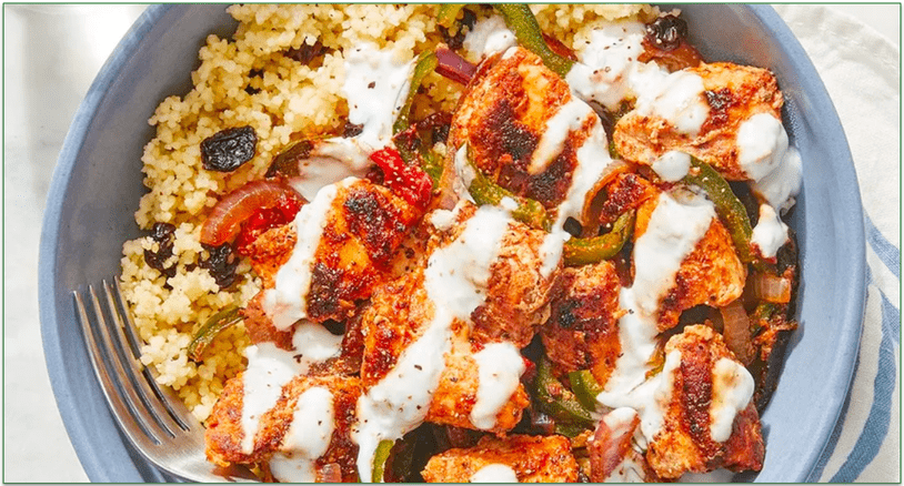 Blue Apron's Spanish Spiced Chicken with Currant Couscous, Vegetables, and Labneh