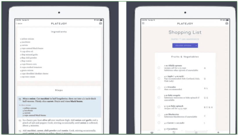 PlateJoy's app screen displayed on a tablet