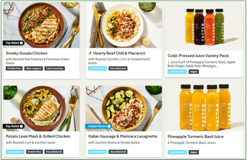 Screenshot of Factor's meals and add-ons