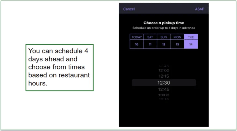 screenshot of scheduling an order for pickup through Grubhub
