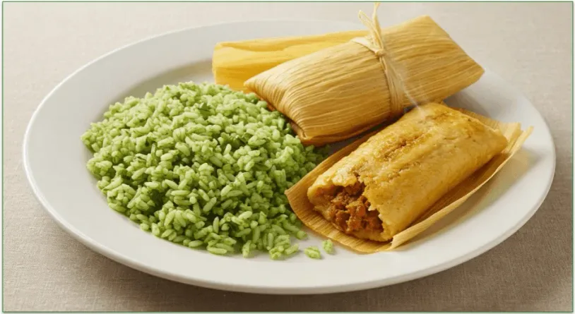 A plate of cilantro lime rice with 2 tamales.
