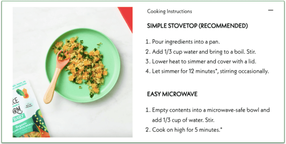 Once Upon a Farm meals come with clear cooking instructions.