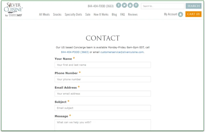 Silver Cuisine's Contact page